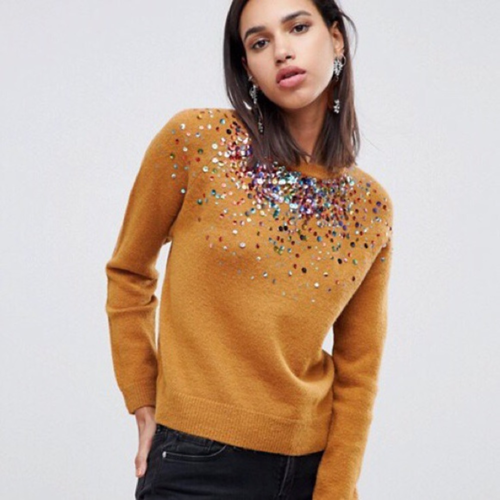 ASOS Mustard Brown Embellished Crew Neck Sweater